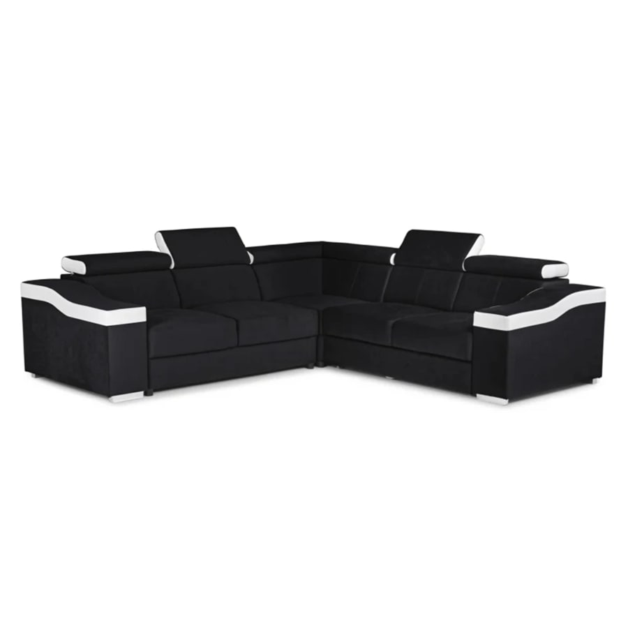 Canap&eacute; d&rsquo;angle convertible r&eacute;versible en velours noir et simili blanc